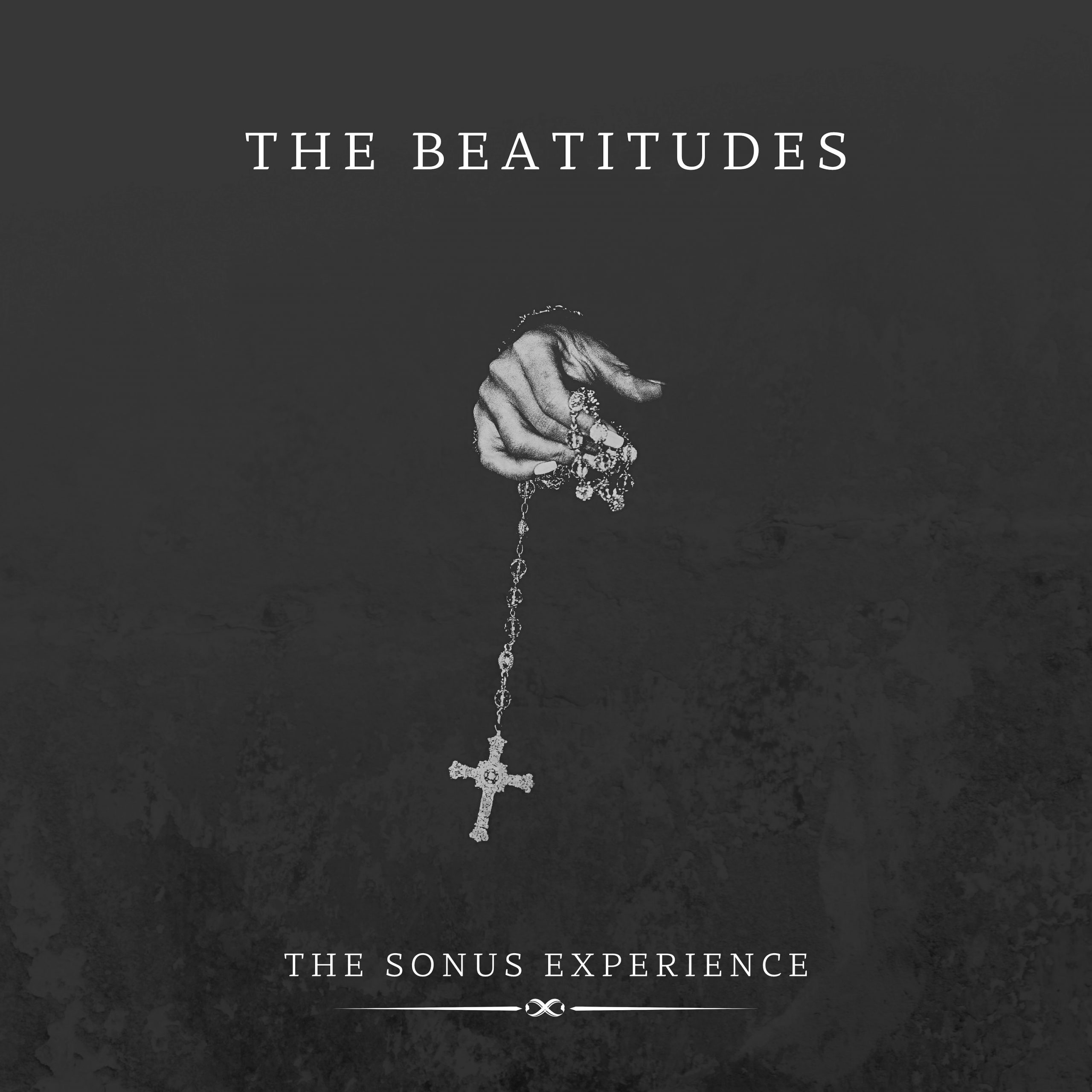 black and white single cover with the track listed and an illustration of a hand holding a rosary with a cross at the end